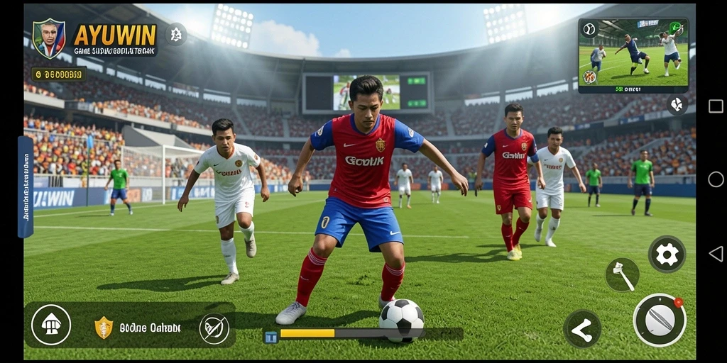 Tangkapan layar utama AYUWIN menampilkan aksi seru di lapangan sepak bola.