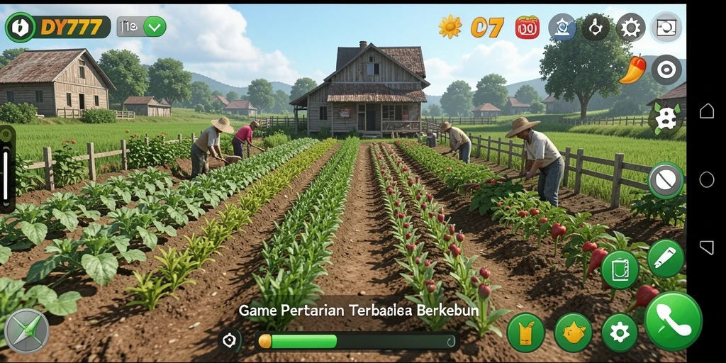 Screenshot utama DY777 menampilkan pemain yang sedang merawat tanaman.
