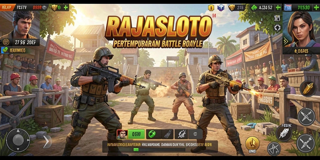 Screenshot game RAJASLOTO menampilkan pertempuran epik dalam arena Battle Royale.