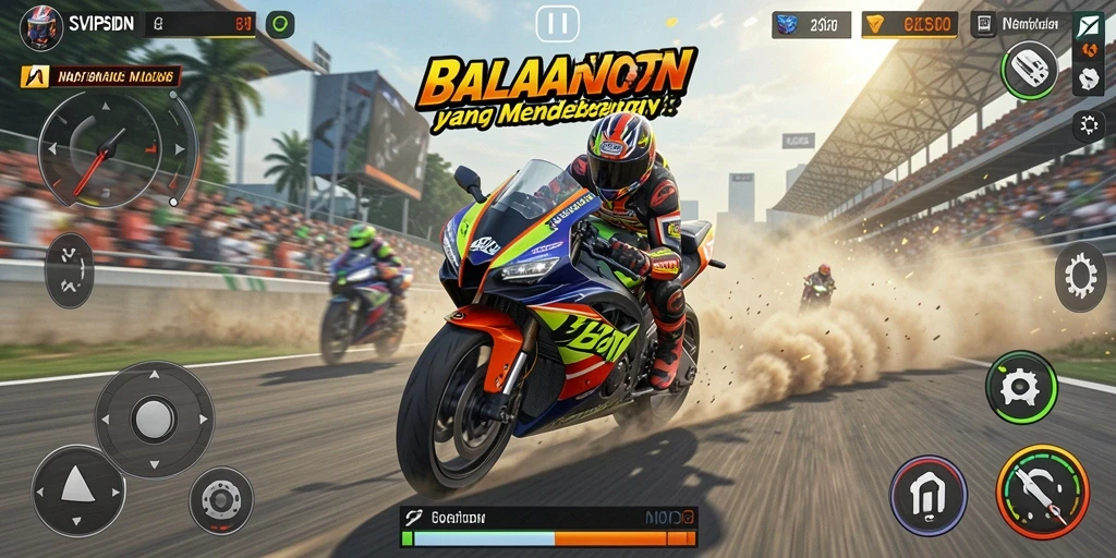 Tampilan gameplay SVIPSIDN yang mendebarkan dan penuh aksi pada trek balapan.