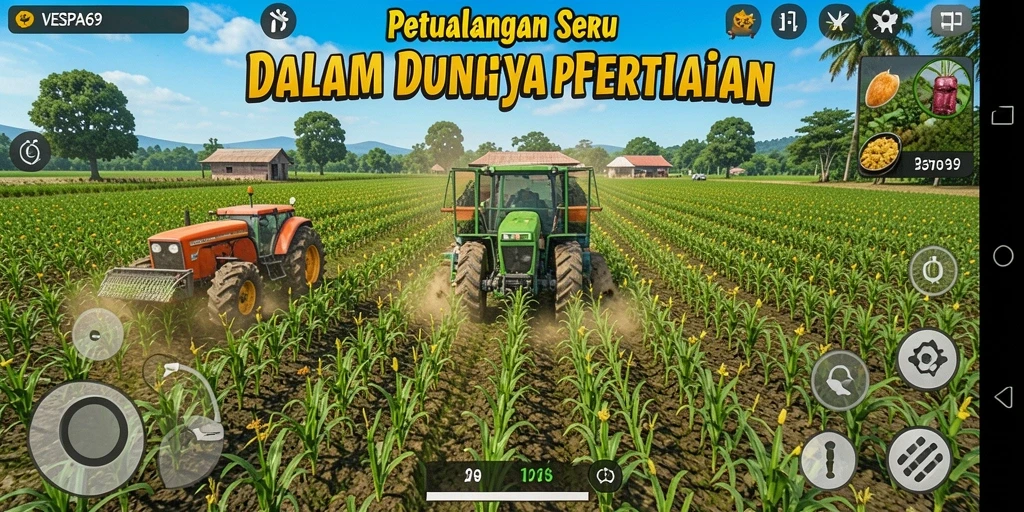 Tampilan gameplay VESPA69 dengan ladang yang subur dan aktivitas bertani.