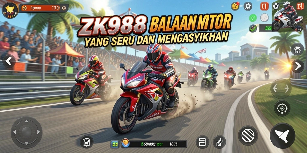 Tampilan gameplay ZK988 dengan motor balap yang cepat dan trek menantang.